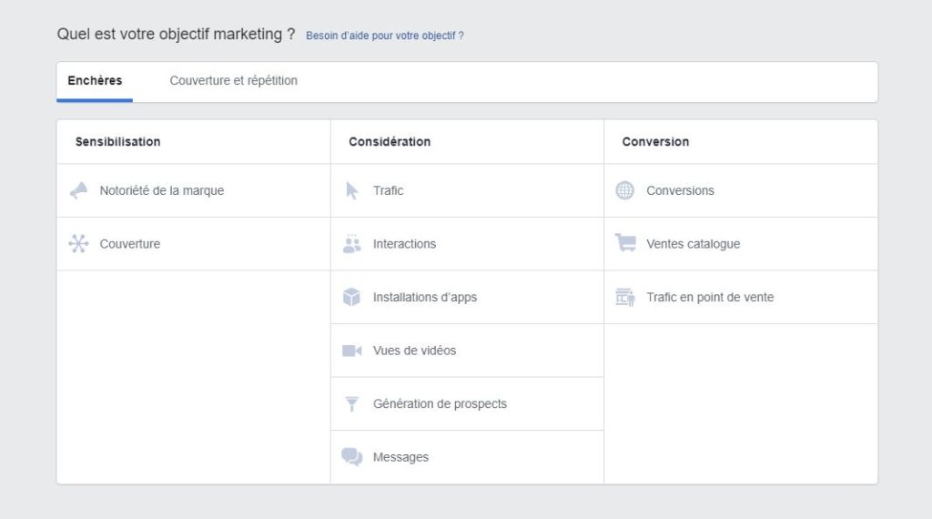 Choix objectifs publicitaires facebook