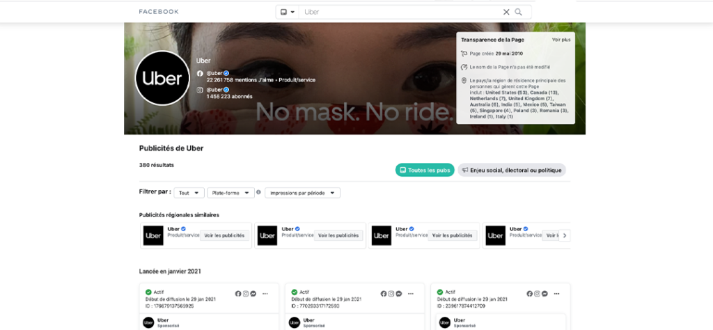 bibliothèque publicitaire facebook - cas UBER - Fiche pub